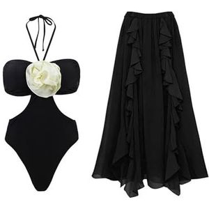 Badpak voor dames, met strandbedekkende wikkelrok, buikcontrole, badjurk voor dames, tweedelig badpak, Zwart_a, XL