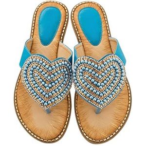 Xytraiihw Slippers voor dames, strass parel casual slippers comfortabele platte sandalen grote maat clip teen zomerschoenen zachte zool antislip sandalen voor strand,Blauw,36 EU