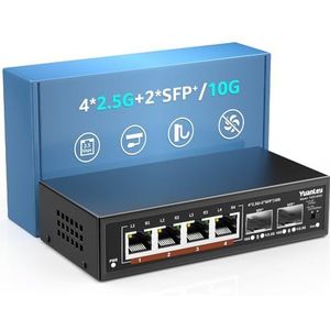YuanLey 6-poorts 2.5G Umanaged Ethernet-switch, 4 x 2.5G Base-T poorten, 2 x 10G SFP, 100/1000/2500M compatibel, metalen ventilatorloos, desktop/wandmontage 2.5Gbe netwerkswitch voor draadloze AP