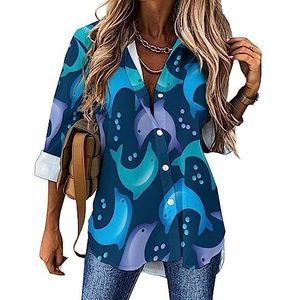 Abstracte schattige dolfijn dames casual shirt button down lange mouw V-hals blouses tuniek voor leggings