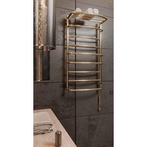 Elna Handdoekradiator, goud, 168 W, 1005 x 530 mm, elektrisch met plank, voor familiebadkamers en thuis, roestvrij staal, met thermostaat, timer en eco, IP44, wandmontage