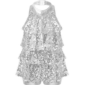 NUOYIXUAN Modern Latijns-danskostuum voor meisjes, korte jurk met glanzende pailletten, podiumoutfit (zilver, 14)