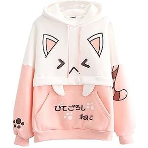 Himifashion Leuke Hoodie Tiener Meisjes Kawaii Kat Print Trui Hooded Tops Plus Fluwelen Sweatshirt Losse Warme Hoodies, roze, one size