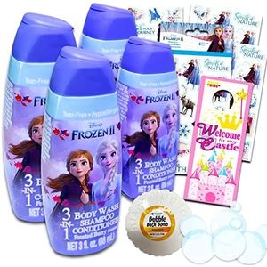 Disney Frozen Travel Size Body Wash Set for Kids - 4 Pc Bundle with Frozen 3-in-1 Body Wash, Shampoo, Bubble Bath 3 Oz Bottles Plus Bath Bomb, Stickers, More | Frozen Bath Supplies