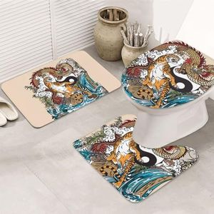 OPSREY Draak en tijger bedrukte 3-delige badkamer tapijten set badkamer tapijten zachte voet en bad tapijten