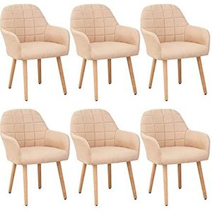 GEIRONV Eetkamerstoelen Set van 6, zachte stof kussen rugleuning balkon stel stevige hout benen woonkamer appartement fauteuil Eetstoelen (Color : Beige)