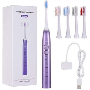 JMFBeauty Elektrische tandenborstel sonische tandenborstel 2 minuten timer 4 opzetborstels 5 poetsprogramma's USB reis-oplaadetui & reiskoffer (lila)