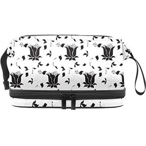 Grote capaciteit reizen cosmetische tas,Zwart wit bloemen ornament patroon, make-up tas, waterdichte make-up tas organisator, Meerkleurig, 27x15x14 cm/10.6x5.9x5.5 in