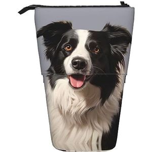 RLDOBOFE Border Collie Print Potlood Tas Stand-Up Intrekbare Potlood Doos Organizer Pen Houder Opbergtas Cosmetische Tas Voor Kantoor Kerst Vakantie Gift, Zwart, Eén maat
