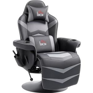 HOMCOM Relaxstoel met massagefunctie, televisiestoel met ligfunctie, kussen, draaibare tv-stoel met afstandsbediening, bekerhouder en zijzak, kunstleer, grijs