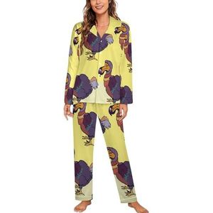 Paarse Dodo Vogel Vrouwen Lange Mouw Button Down Nachtkleding Zachte Nachtkleding Lounge Pyjama Set L