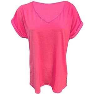 MA ONLINE Womens Turn Up Mouw T-shirt Dames V-hals Pullover Top Oversize Baggy Shirt, Neon Roze, 46-48