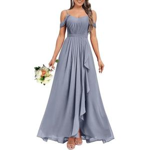 HPPEE Dames V-hals koude schouder bruidsmeisjes jurken met split ruches chiffon formele avondjurk, Dusty Blauw, 32