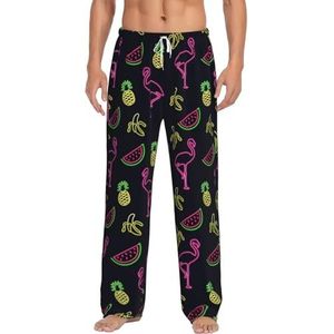 OKFSTY Ananas Banaan Flamingo Heren Pyjama Bottoms,Pyjama Polyester Broek Voor Mannen Zachte Lange Lounge Pj Slaap Broek Met Zakken, Wit, S