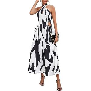 jurken voor dames Grafische print kriskras gestrikte rugloze halterjurk for dames (Color : Black and White, Size : XL)