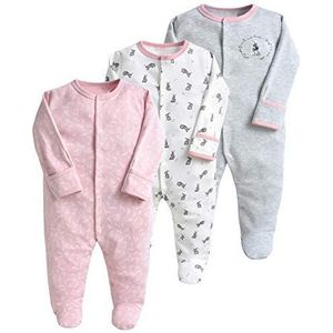 Minizone Baby Romper 3 stuks, romper met lange mouwen en footies katoenen onesie, jumpsuit, 0-3 maanden, grijs konijntje