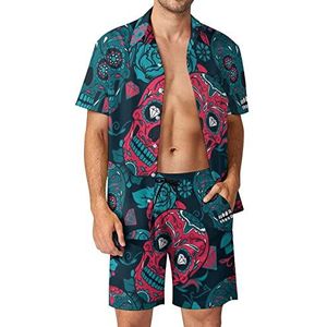 Kleurrijke suiker schedels met bloemen mannen 2 stuks Hawaiiaanse sets losse pasvorm korte mouwen shirts en shorts strand outfits L