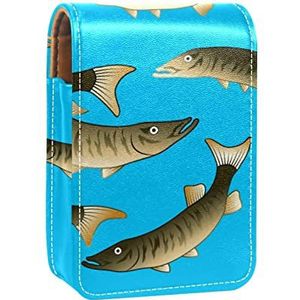 Make-up Lipstick Case voor Buiten Muskie Vissen Blauw Achtergrond Draagbare Lippenstift Organizer met Spiegel Dames Mini Make-up Tas Neemt Tot 3 Lippenstift