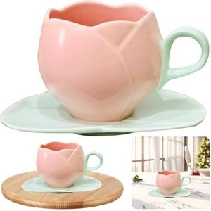 Kexpery Tulp vormige mok met schotel keramische tulp vormige theekopje creatieve vintage tulp thee mok voor thuis Afternoon Tea (C)