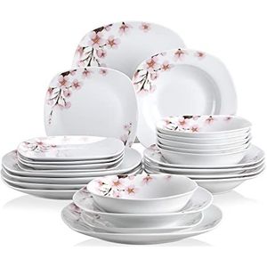 VEWEET 'Annie' 24-delige dinerset, ivoor / wit / roze porseleinen servies met bloemen, porseleinen servies van keramiek met kommen, dessertborden, soepborden, dinerborden voor 6