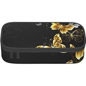 ASEELO Gouden witte vlinders zwart bedrukt grote capaciteit etui, duurzame grote potlood tas, draagbare briefpapier tas, bureau organisator
