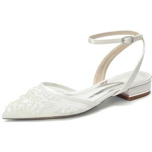 JIA JIA 01129 Vrouwen Bruids Schoenen Gesloten Teen T-riem 4 cm Lage Hak Satijnen Pumps met Kant Imitatie Trouwschoenen Kleur Champagne,Grootte 39 EU