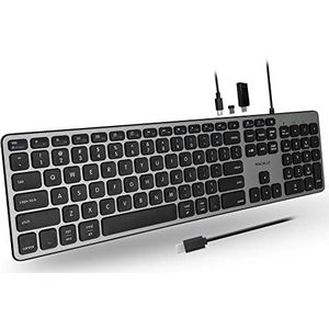 Macally UCZKEYHUBACSG, Extended USB-C toetsenbord, 2 USB-A poorten 1 USB-C poort en US QWERTY-toetsenblokindeling, Space Grey
