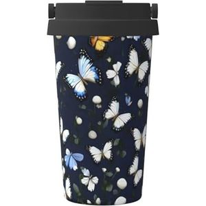 EdWal Witte bloemen met blauwe vlinders print 500 ml koffiemok, geïsoleerde campingmok met deksel, reisbeker, geweldig voor elke drank
