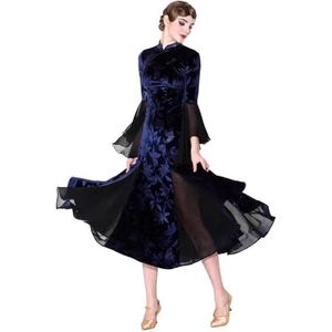 MLYYX Fluwelen jurken voor gezelschapsdans, standaard oefenjurk voor dames, voor walsen en tango, moderne performance-kleding met hoge kraag, flamencorock met lange mouwen, marineblauw, M