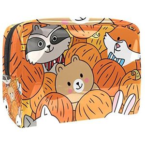 Cartoon Leuke Dieren Herfst Pompoenen Print Reizen Cosmetische Tas voor Vrouwen en Meisjes, Waterdichte Make-up Tas Rits Pouch Toiletry Organizer, Meerkleurig, 18.5x7.5x13cm/7.3x3x5.1in, Modieus