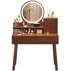 Kaptafel Van Hout Met Spiegel Led Verlichting En Opberglades Kleine Moderne Kaptafel, 3 Kleurmodi Beschikbaar, Voor Meisjeskamer Kleedkamer, Eikenhout