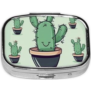 Groene cactus print pillendoos vierkant pillendoosje 2 compartimenten kleine metalen medicijnorganisator draagbare reizen pillendoos voor zak portemonnee schattige mini-pillencontainer om dagelijkse
