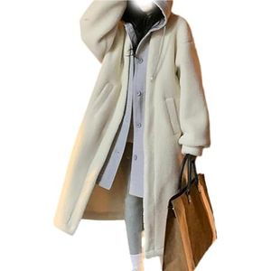 2-laags faux lamswollen jas met capuchon, winter damesmode verdikt warm lang windjack, damesfleece warme uitloper (Color : White, Size : L)