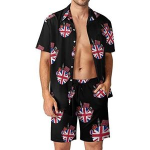 Britse vlag Big Ben Bus Taxi Kroon En Booth Heren Hawaiiaanse Bijpassende Set 2-delige Outfits Button Down Shirts En Shorts Voor Strand Vakantie
