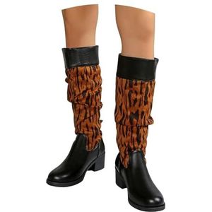 Vintage Hoge Laarzen Met Luipaardprint Western Cowboylaarzen for Dames Brede Schacht Laarzen Met Blokhak PU-leren Rijlaarzen Kniehoge Instapschoenen for Feesten En Concerten(Black,41 EU)
