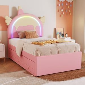 Moimhear 90 x 200 cm cartoon kinderbed, eenhoornvorm, uitgerust met uittrekbaar rolbed, PU-materiaal, roze