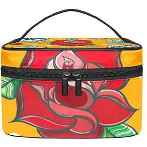 Boho Skull Head Rose Bloem Make-up Tas voor Vrouwen Meisjes Cosmetische Tassen met Handvat Reizen Make-up Organizer Tas, Boho Skull Head Rose Bloem, 8.9x5.9x5.4 Inches, Make-up zakje