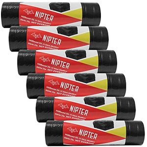 Nipter eco afvalzakken met trekkoord 35l, vuilniszakken met koord, 23 my, 50x60 cm, zwart, 15 afvalzakken per rol, 6 rollen