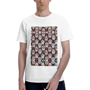 CKGODGF Kleurrijke bloemenschedels print heren katoenen T-shirt, casual en comfortabel korte mouw, geschikt voor fitness en dagelijks gebruik, Wit, S