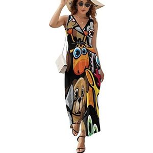 Grappige Cartoon Honden Kat Giraffe Casual Maxi Jurk Voor Vrouwen V-hals Zomer Jurk Mouwloze Strand Jurk 2XL