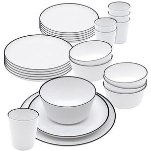 Melamine campingservies, servies, wit, 24-delig, serviesset met borden, mueslikom en beker, campingservies voor 4 personen, campingaccessoires, vaatwasmachinebestendig, onbreekbaar