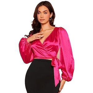 dames topjes Lantern Sleeve Wrap Knot Side Satin Blouse (Color : Hot Pink, Size : L)