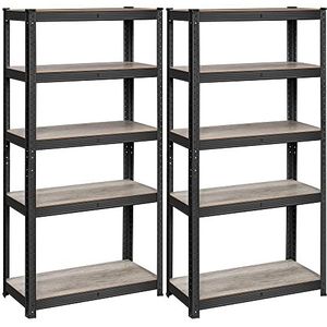 SONGMICS Staande plank, set van 2, boekenkast, opbergrek, 5 planken, verstelbaar, 50 x 100 x 200 cm, elk belastbaar tot 600 kg, voor keuken, woonkamer, grijs-zwart GLR050B22