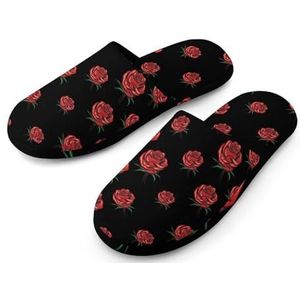 Rode roos Bloemen Volledige Print Vrouwen Slippers Warme Anti-Slip Rubber Zool Huisschoenen Voor Indoor Hotel 38-39_(7-8)
