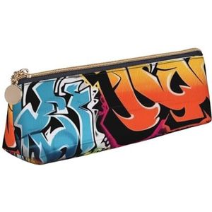 Dwrepo Lederen etui voor vrouwen mannen potlood tas met rits draagbare etui graffiti hiphop pen tas kleine make-up tas munt zakje voor werk kantoorbenodigdheden