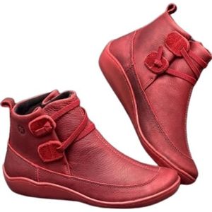 FGRID Dames enkellaarsjes met boogondersteuning, casual lage hak instappers, korte laarsjes met platte effen brede kuit winterse Chelsea-laarzen,Rood,35