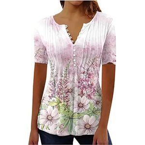 beetleNew Henley Shirts voor Vrouwen Casual Slim Fit Knop V-hals Ruches Tuniek Tops Zomer Korte Mouw Bloemenprint Blouse Sale, Mode Dames Tops UK, roze, 3XL
