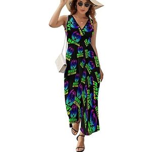 Marineblauw tijdperk veteraan casual maxi-jurk voor vrouwen V-hals zomerjurk mouwloze strandjurk XL