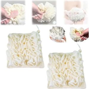 2-in-1 badspons: zachte luffa en washandje met trekkoord, in staat om de zeep in te wikkelen loofah-spons badbal, exfoliërende mesh douche-bladerdeeg voor lichaamswas (wit)