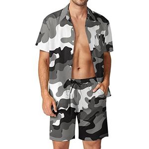 Grijze Camouflage Hawaiiaanse Bijpassende Set 2-delige Outfits Button Down Shirts En Shorts Voor Strandvakantie